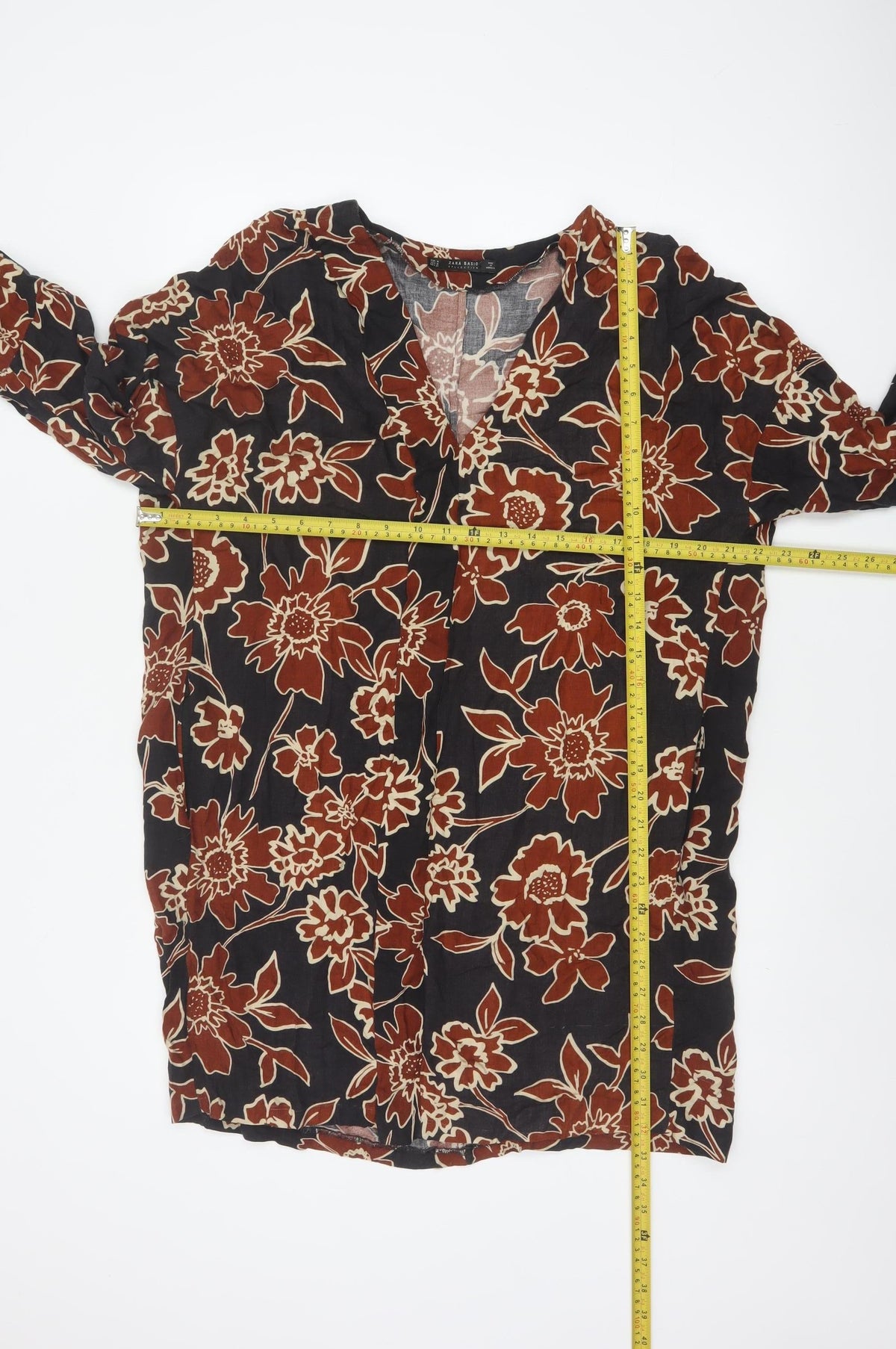Zara Basic Women’s Black Floral V-Neck 3/4 Sleeve Tunic Blouse M