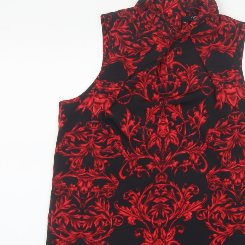 Next Women Black Red Floral High Neck Sleeveless Zip Blouse UK 8