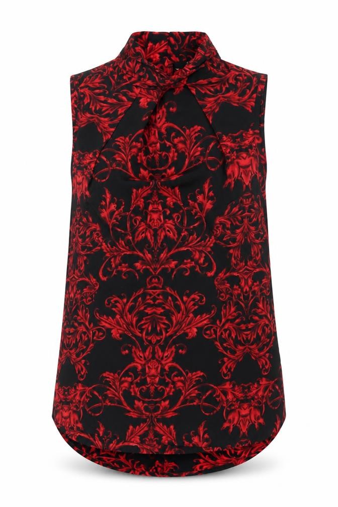 Next Women Black Red Floral High Neck Sleeveless Zip Blouse UK 8