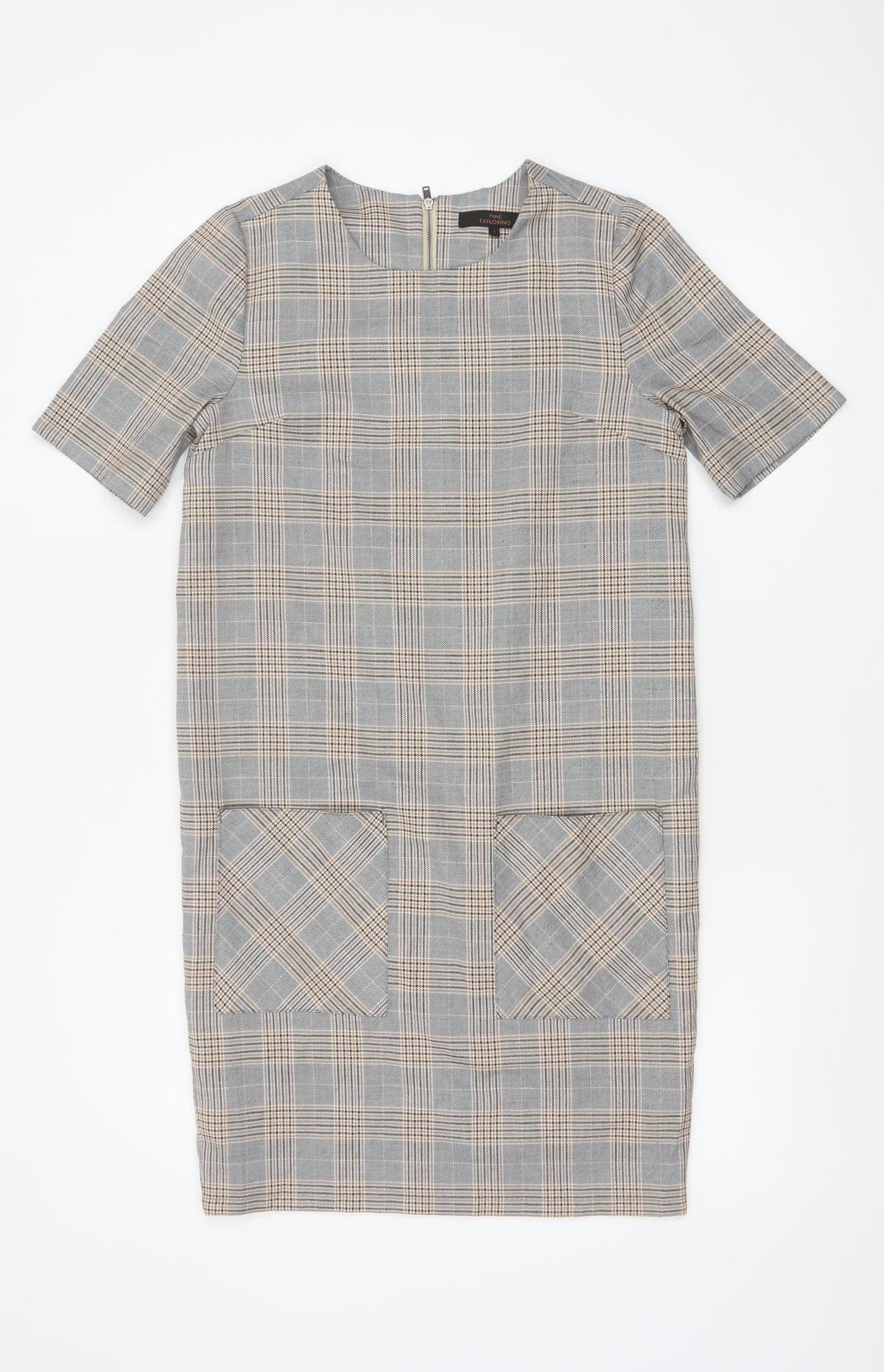 Next Tailoring Women Grey Check Pencil Dress UK 6 Square Neck Pockets