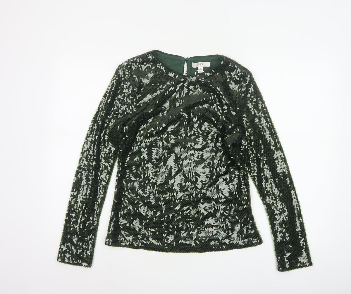 Marks and Spencer Women Green Sequin Long Sleeve Blouse Size 12