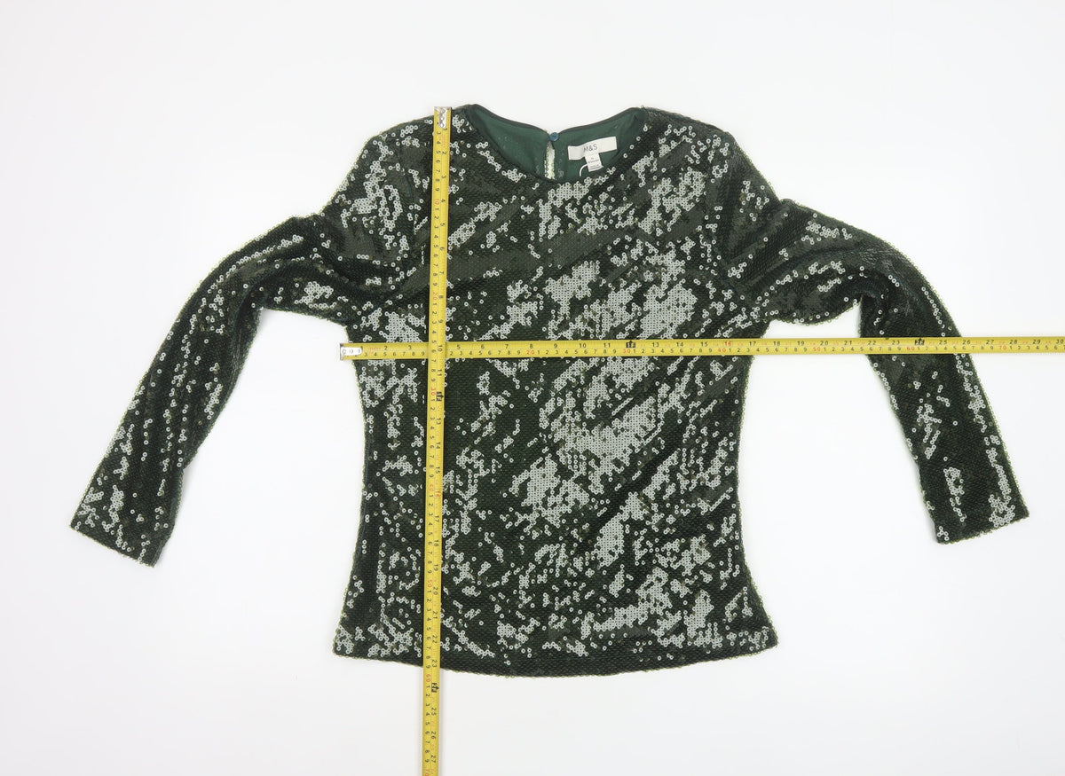 Marks and Spencer Women Green Sequin Long Sleeve Blouse Size 12