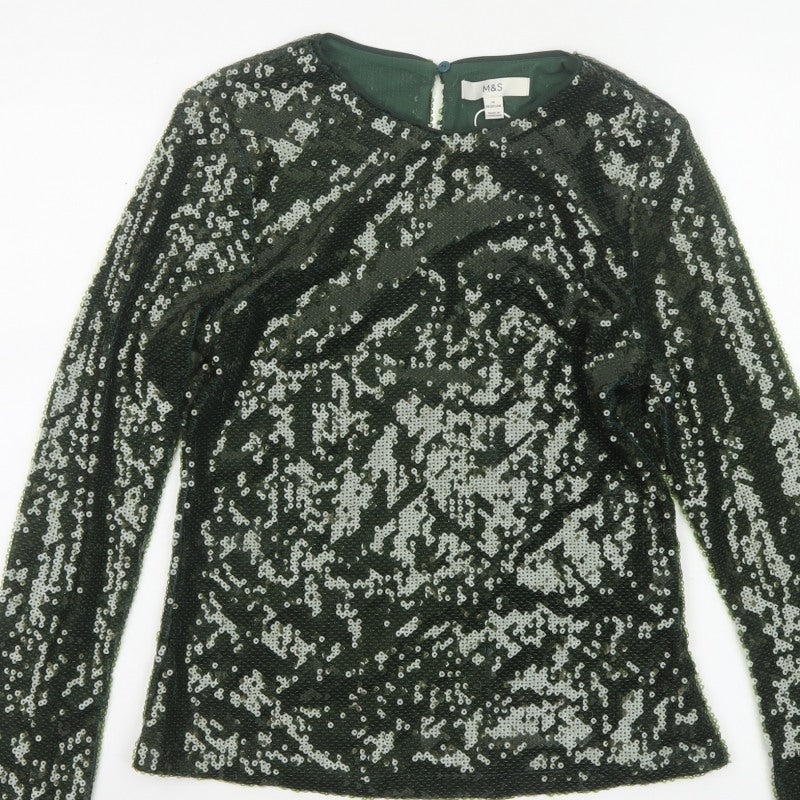 Marks and Spencer Women Green Sequin Long Sleeve Blouse Size 12