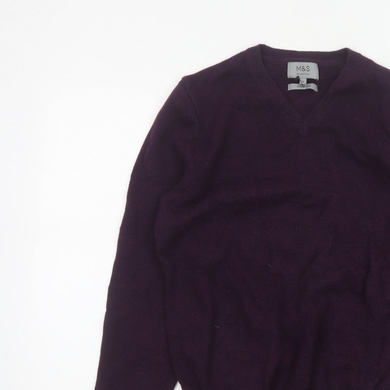 Marks and Spencer Men Purple S V-Neck Pure Cotton Pullover Jumper