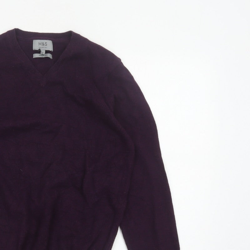 Marks and Spencer Men Purple S V-Neck Pure Cotton Pullover Jumper