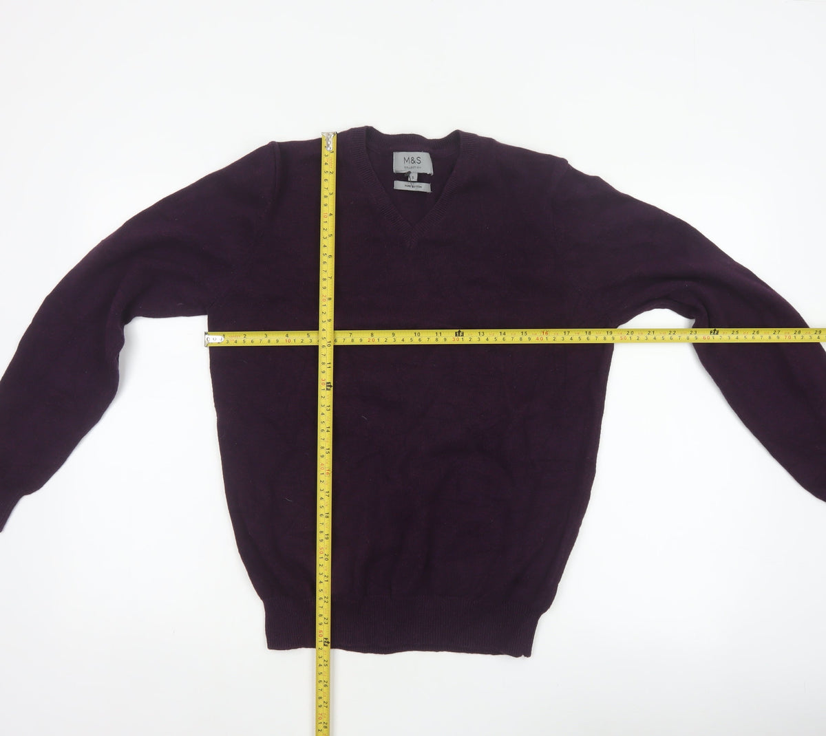 Marks and Spencer Men Purple S V-Neck Pure Cotton Pullover Jumper