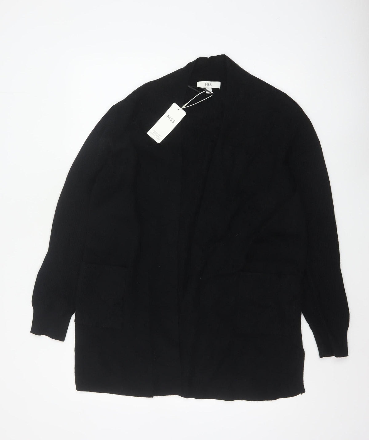 Marks & Spencer Women Black Size 16 Open Knit Longline Cardigan Pockets