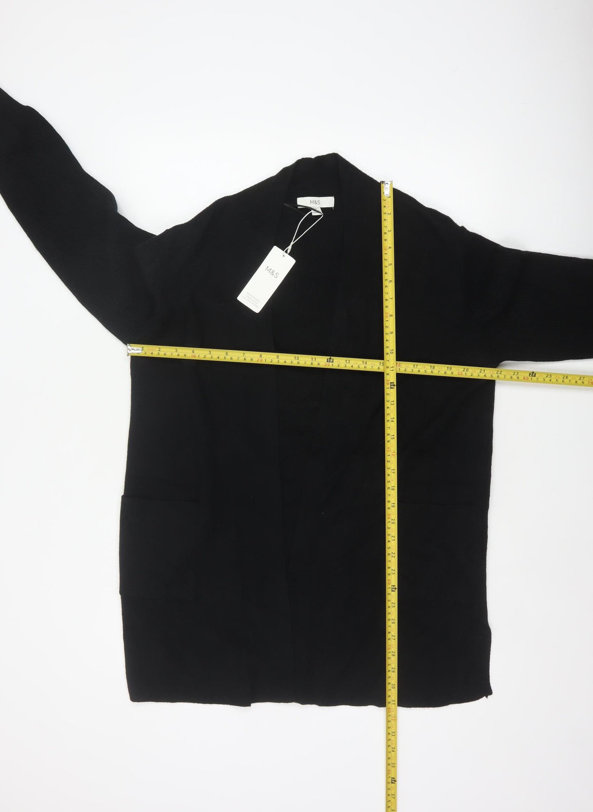 Marks & Spencer Women Black Size 16 Open Knit Longline Cardigan Pockets