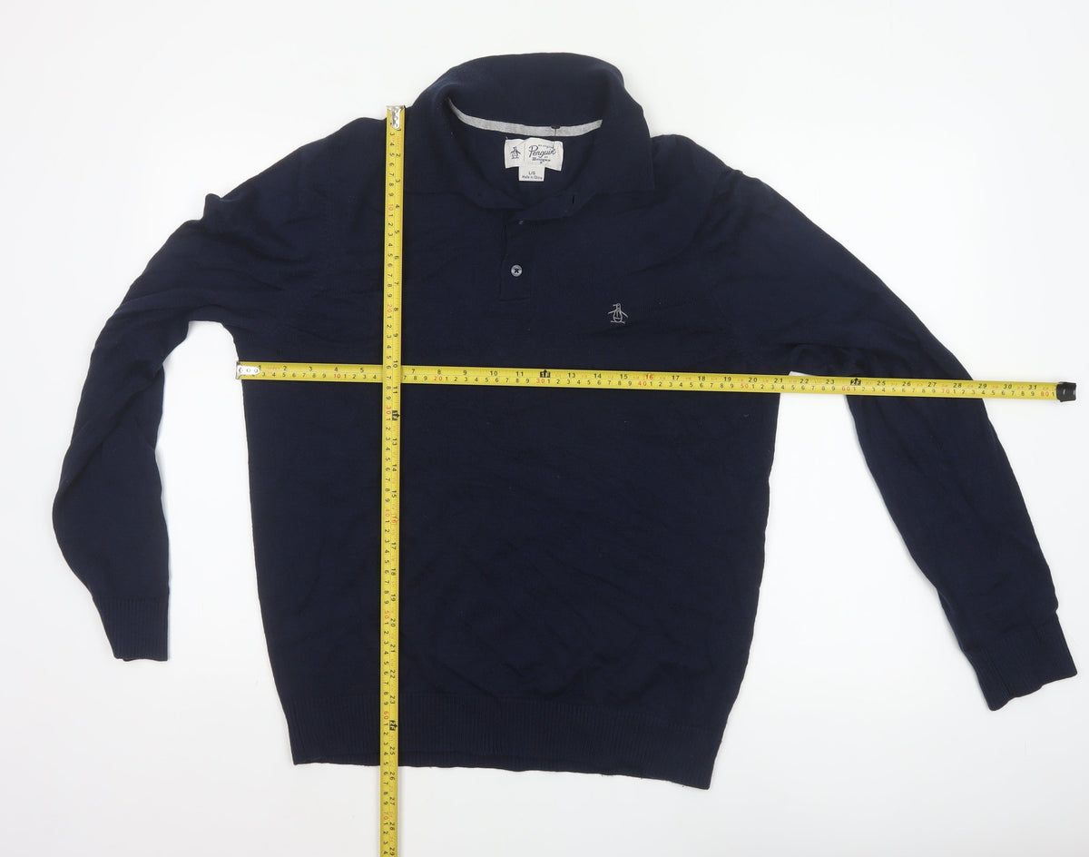 Original Penguin Men's Blue L Merino Wool Blend Collared Henley Jumper