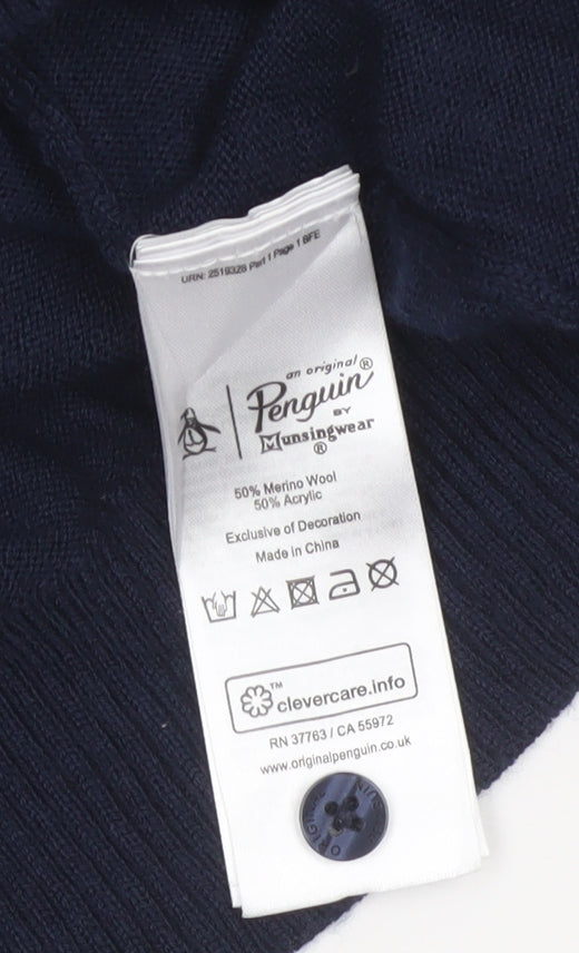 Original Penguin Men's Blue L Merino Wool Blend Collared Henley Jumper