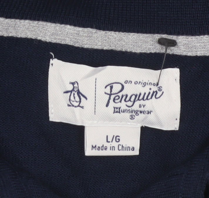 Original Penguin Men's Blue L Merino Wool Blend Collared Henley Jumper