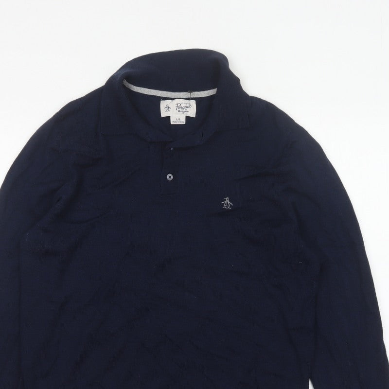 Original Penguin Men's Blue L Merino Wool Blend Collared Henley Jumper