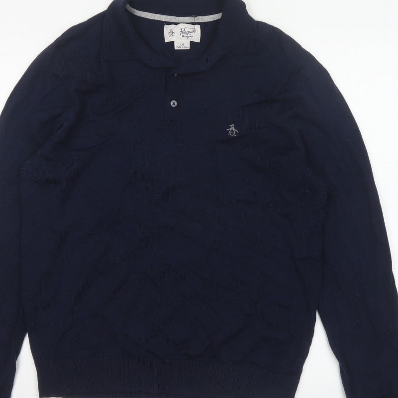 Original Penguin Men's Blue L Merino Wool Blend Collared Henley Jumper