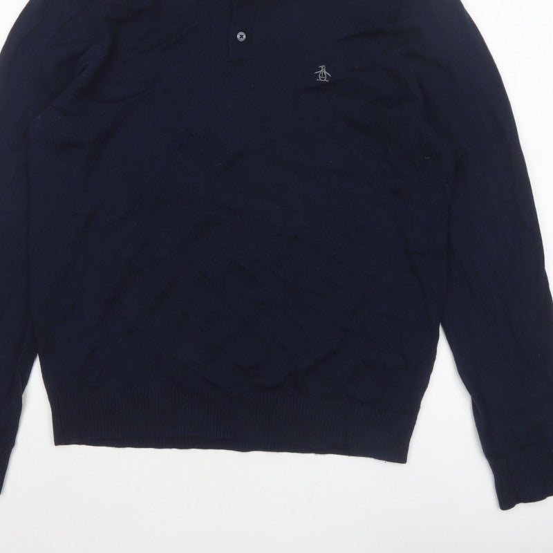 Original Penguin Men's Blue L Merino Wool Blend Collared Henley Jumper