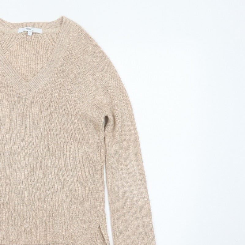 Next Women Beige Shimmer V-Neck Knit Pullover Jumper Size 8