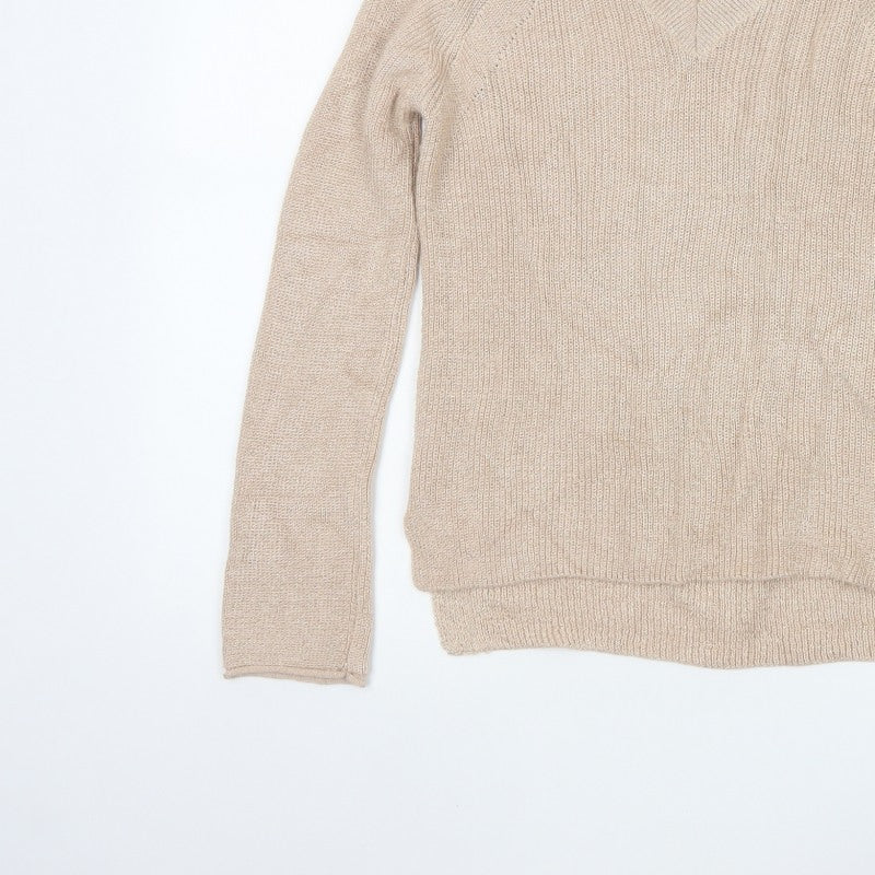 Next Women Beige Shimmer V-Neck Knit Pullover Jumper Size 8