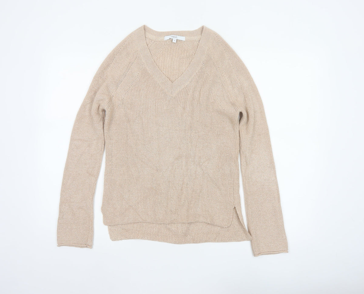 Next Women Beige Shimmer V-Neck Knit Pullover Jumper Size 8