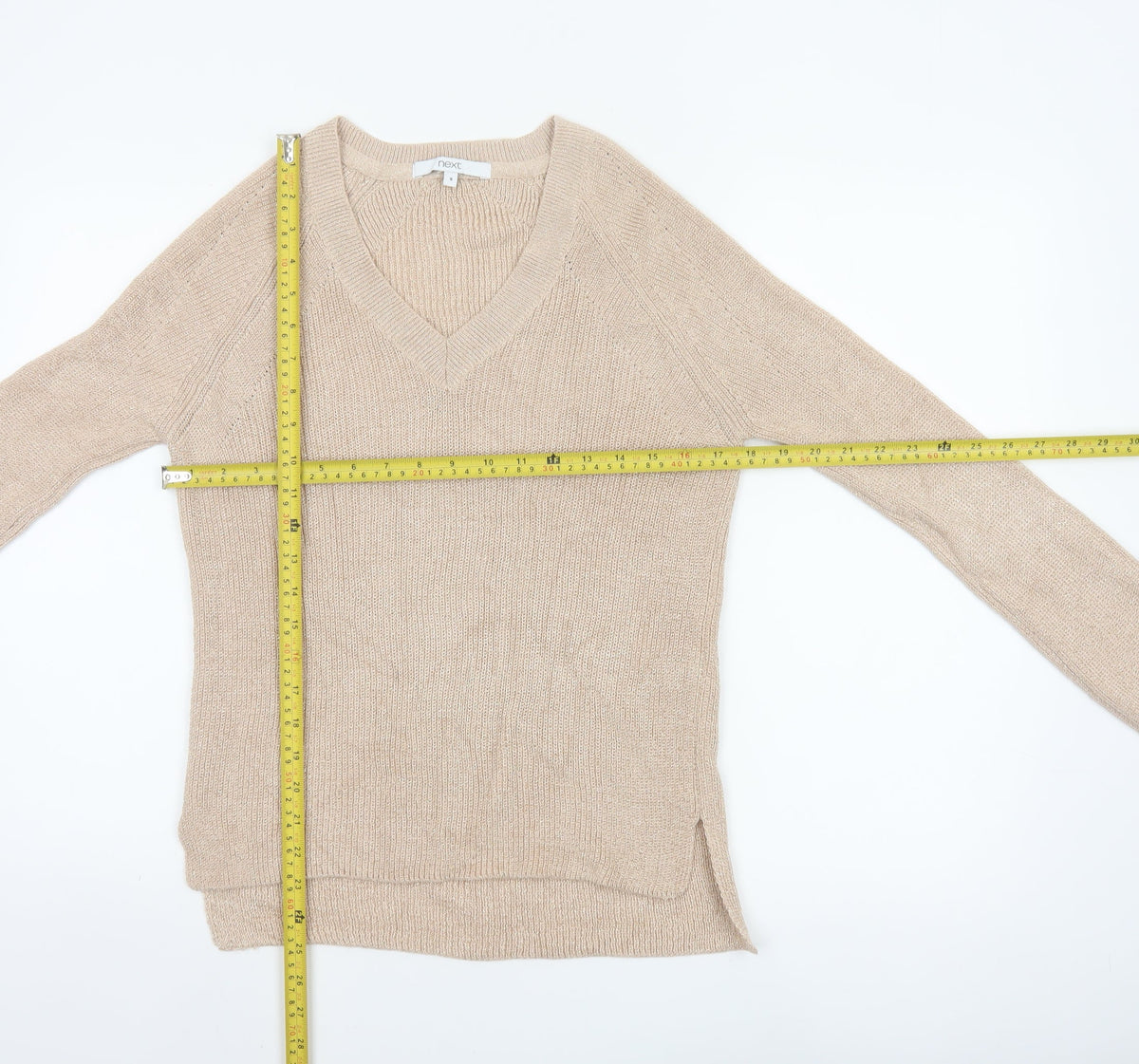 Next Women Beige Shimmer V-Neck Knit Pullover Jumper Size 8