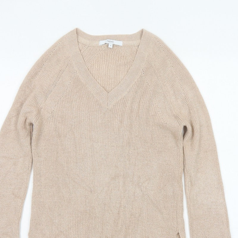 Next Women Beige Shimmer V-Neck Knit Pullover Jumper Size 8