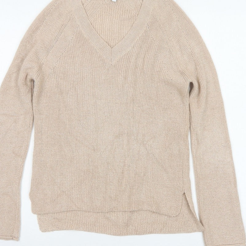 Next Women Beige Shimmer V-Neck Knit Pullover Jumper Size 8