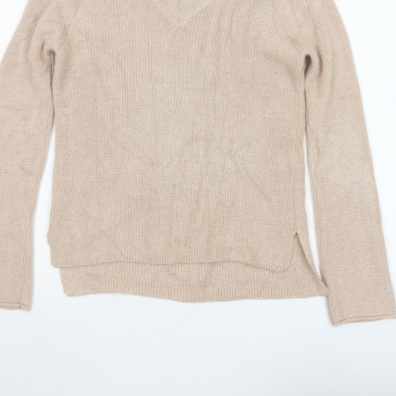Next Women Beige Shimmer V-Neck Knit Pullover Jumper Size 8