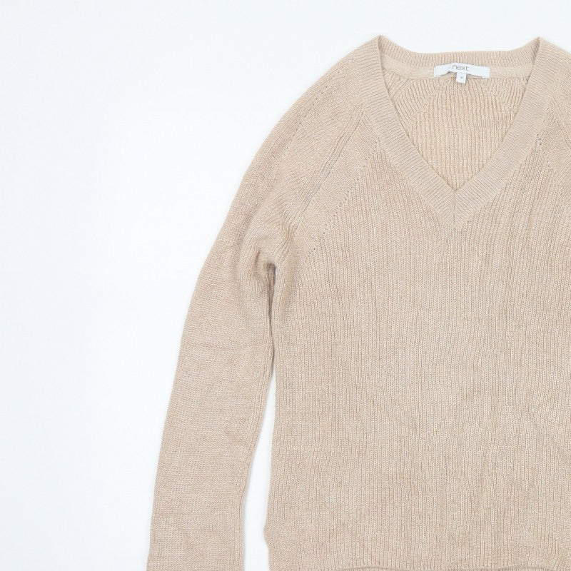 Next Women Beige Shimmer V-Neck Knit Pullover Jumper Size 8