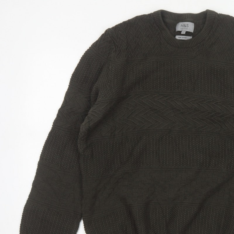 Marks and Spencer Men Brown L Cable Knit Cotton Crew Neck Jumper