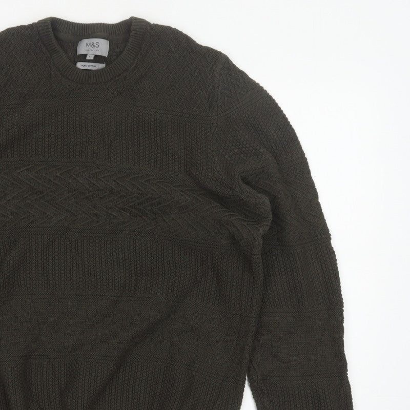 Marks and Spencer Men Brown L Cable Knit Cotton Crew Neck Jumper