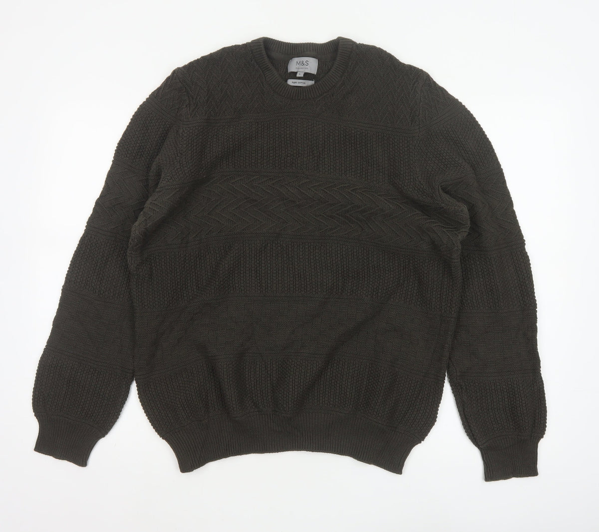 Marks and Spencer Men Brown L Cable Knit Cotton Crew Neck Jumper