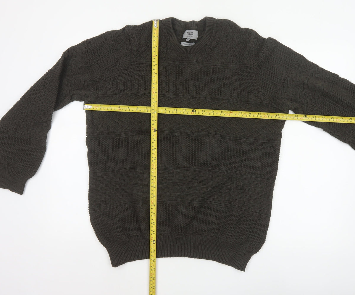 Marks and Spencer Men Brown L Cable Knit Cotton Crew Neck Jumper