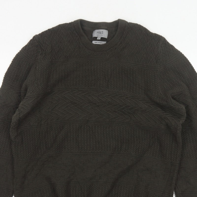 Marks and Spencer Men Brown L Cable Knit Cotton Crew Neck Jumper