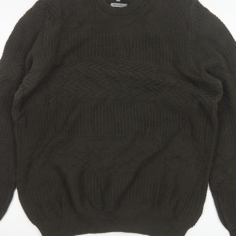 Marks and Spencer Men Brown L Cable Knit Cotton Crew Neck Jumper
