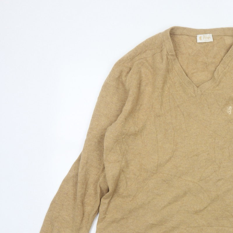 Pringle of Scotland Men’s Beige M Lambswool V-Neck Logo Pullover Jumper
