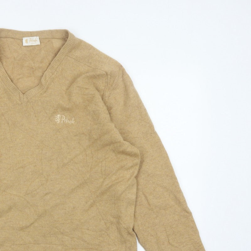 Pringle of Scotland Men’s Beige M Lambswool V-Neck Logo Pullover Jumper