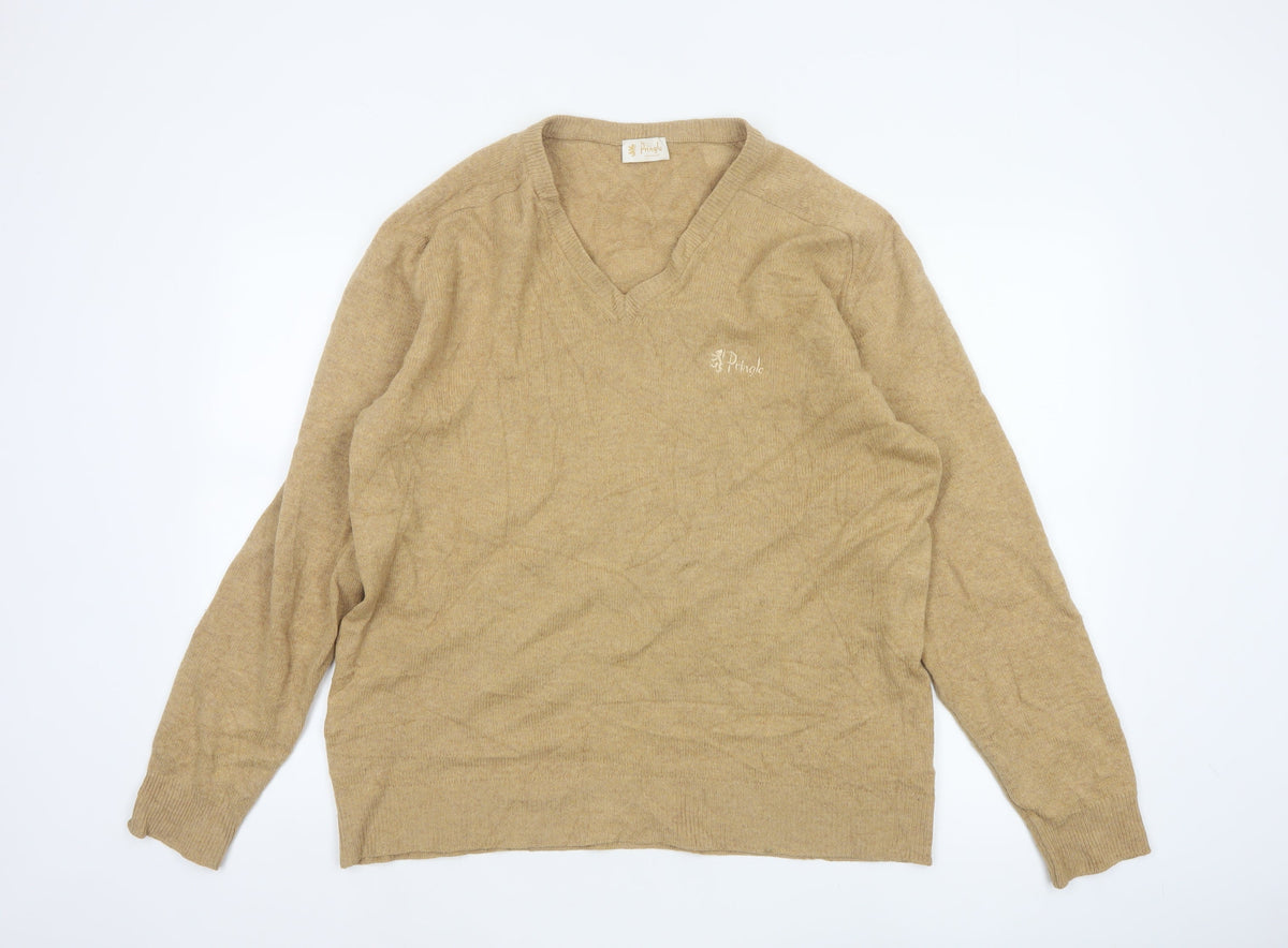 Pringle of Scotland Men’s Beige M Lambswool V-Neck Logo Pullover Jumper