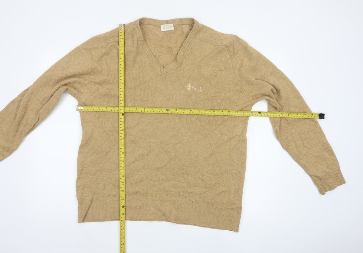 Pringle of Scotland Men’s Beige M Lambswool V-Neck Logo Pullover Jumper