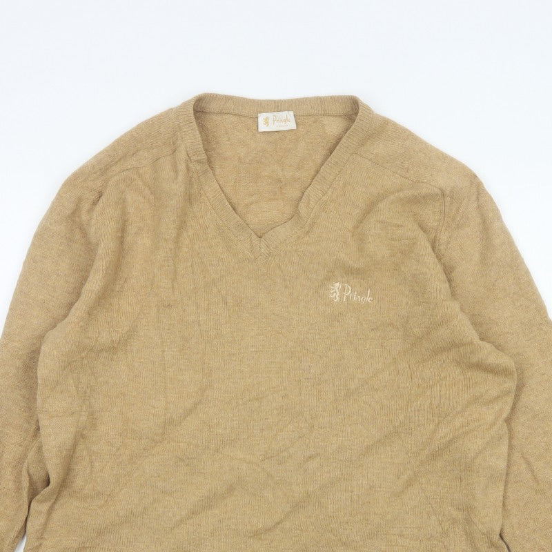 Pringle of Scotland Men’s Beige M Lambswool V-Neck Logo Pullover Jumper