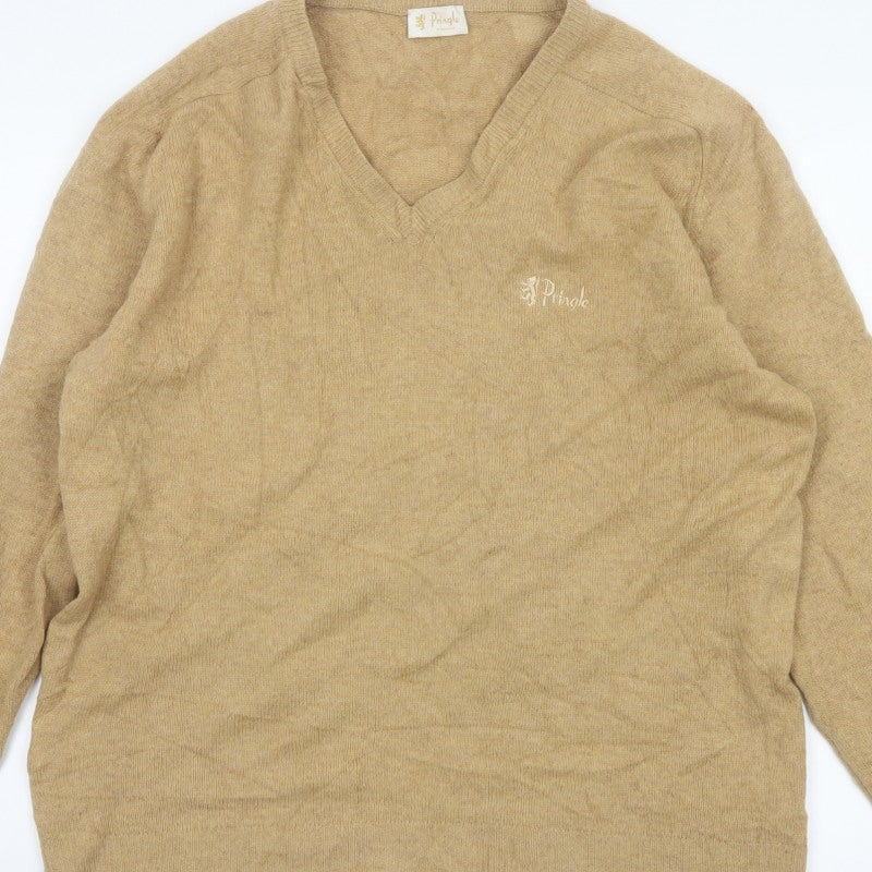 Pringle of Scotland Men’s Beige M Lambswool V-Neck Logo Pullover Jumper