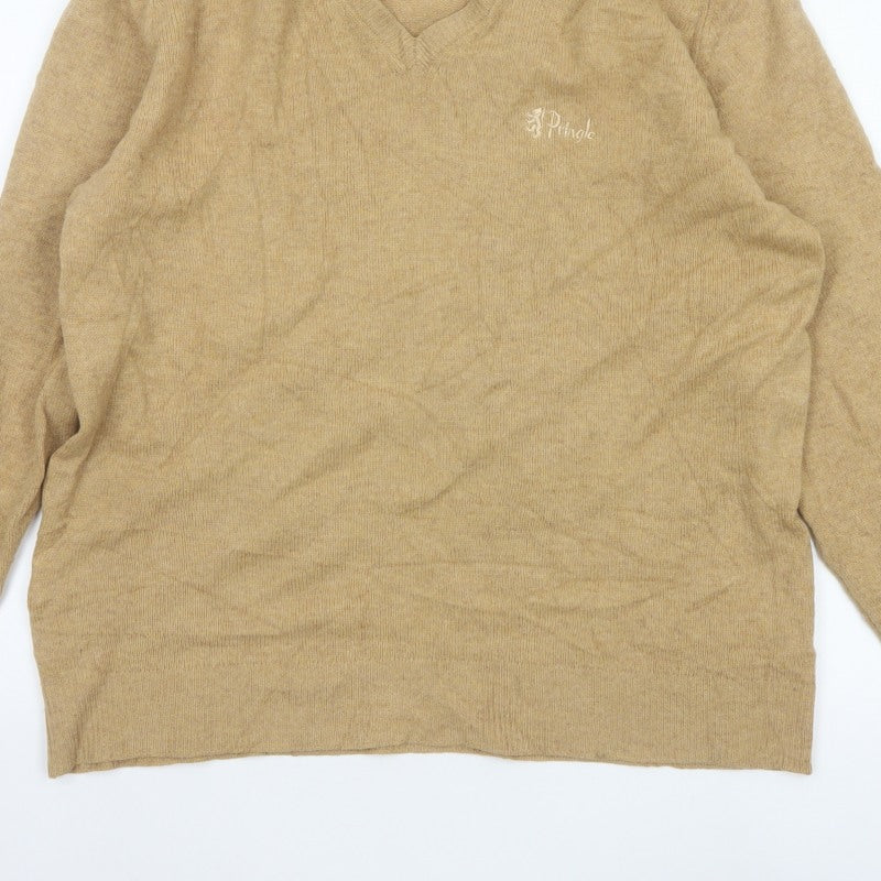 Pringle of Scotland Men’s Beige M Lambswool V-Neck Logo Pullover Jumper