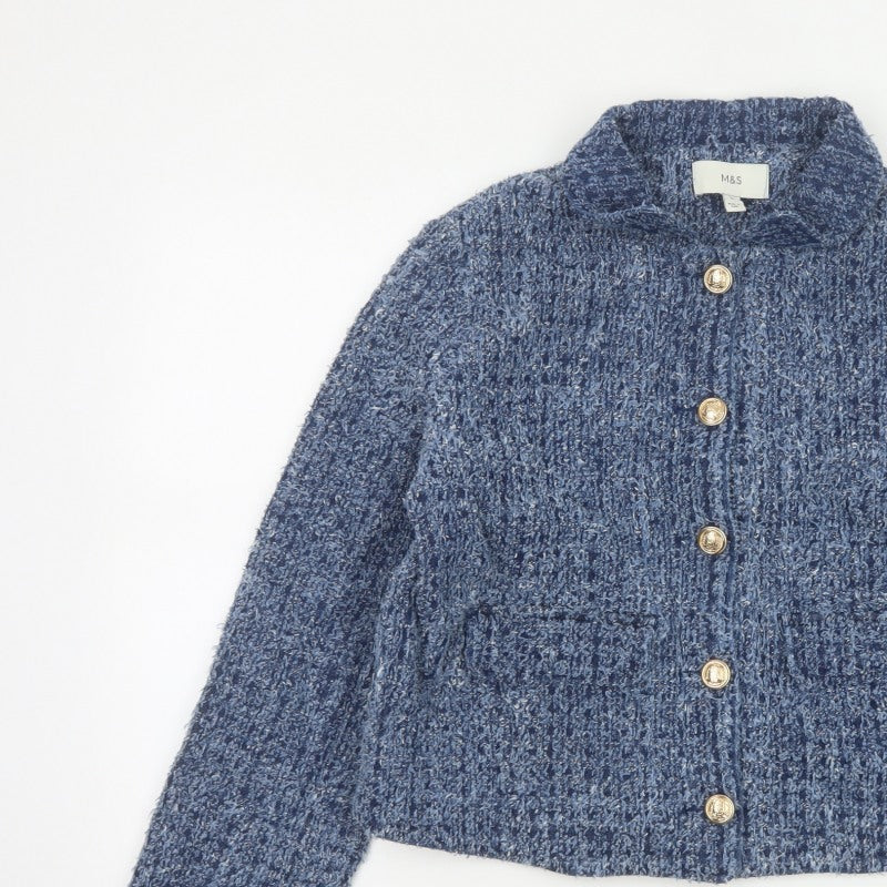 M&S Women’s Blue UK 12 Cropped Bouclé Knit Button Jacket