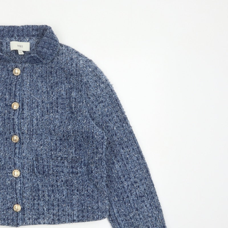 M&S Women’s Blue UK 12 Cropped Bouclé Knit Button Jacket