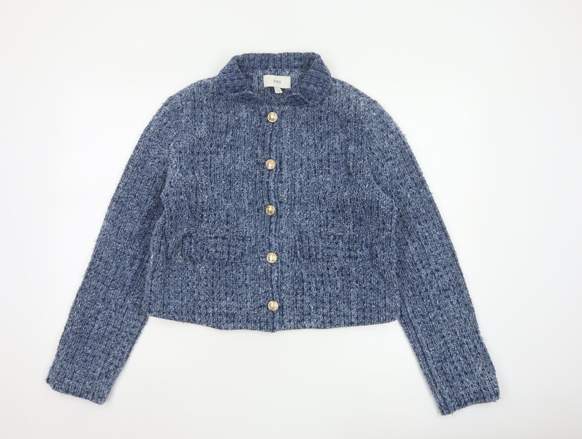 M&S Women’s Blue UK 12 Cropped Bouclé Knit Button Jacket