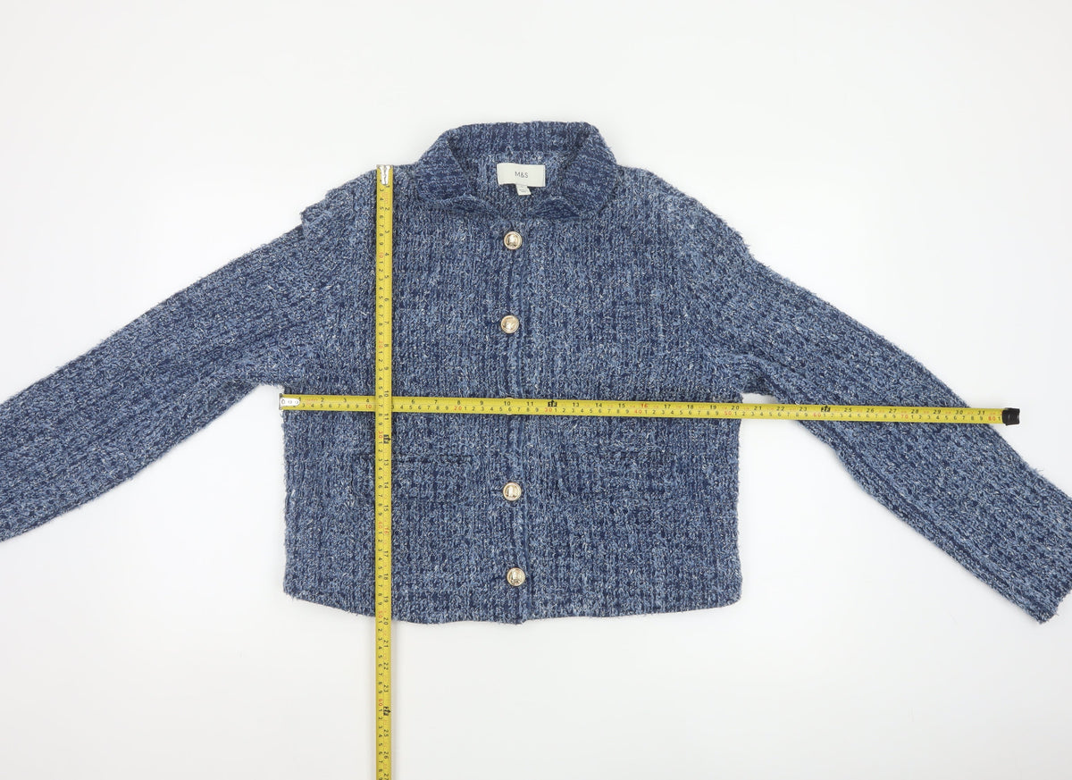 M&S Women’s Blue UK 12 Cropped Bouclé Knit Button Jacket