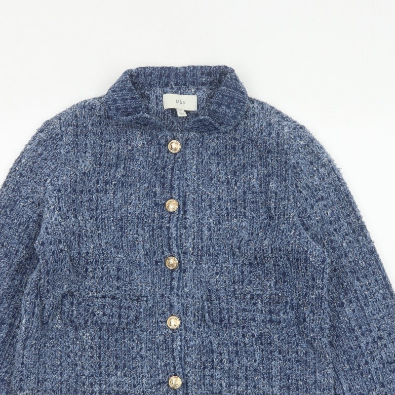 M&S Women’s Blue UK 12 Cropped Bouclé Knit Button Jacket