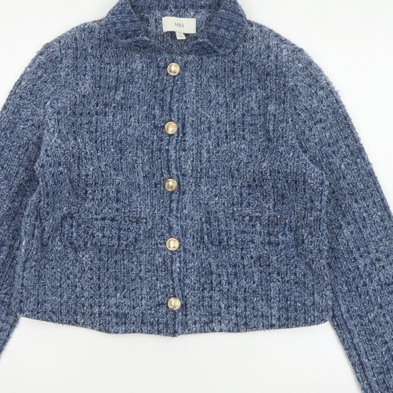 M&S Women’s Blue UK 12 Cropped Bouclé Knit Button Jacket