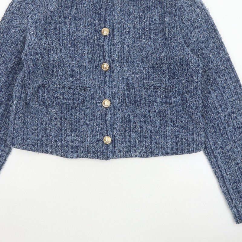 M&S Women’s Blue UK 12 Cropped Bouclé Knit Button Jacket