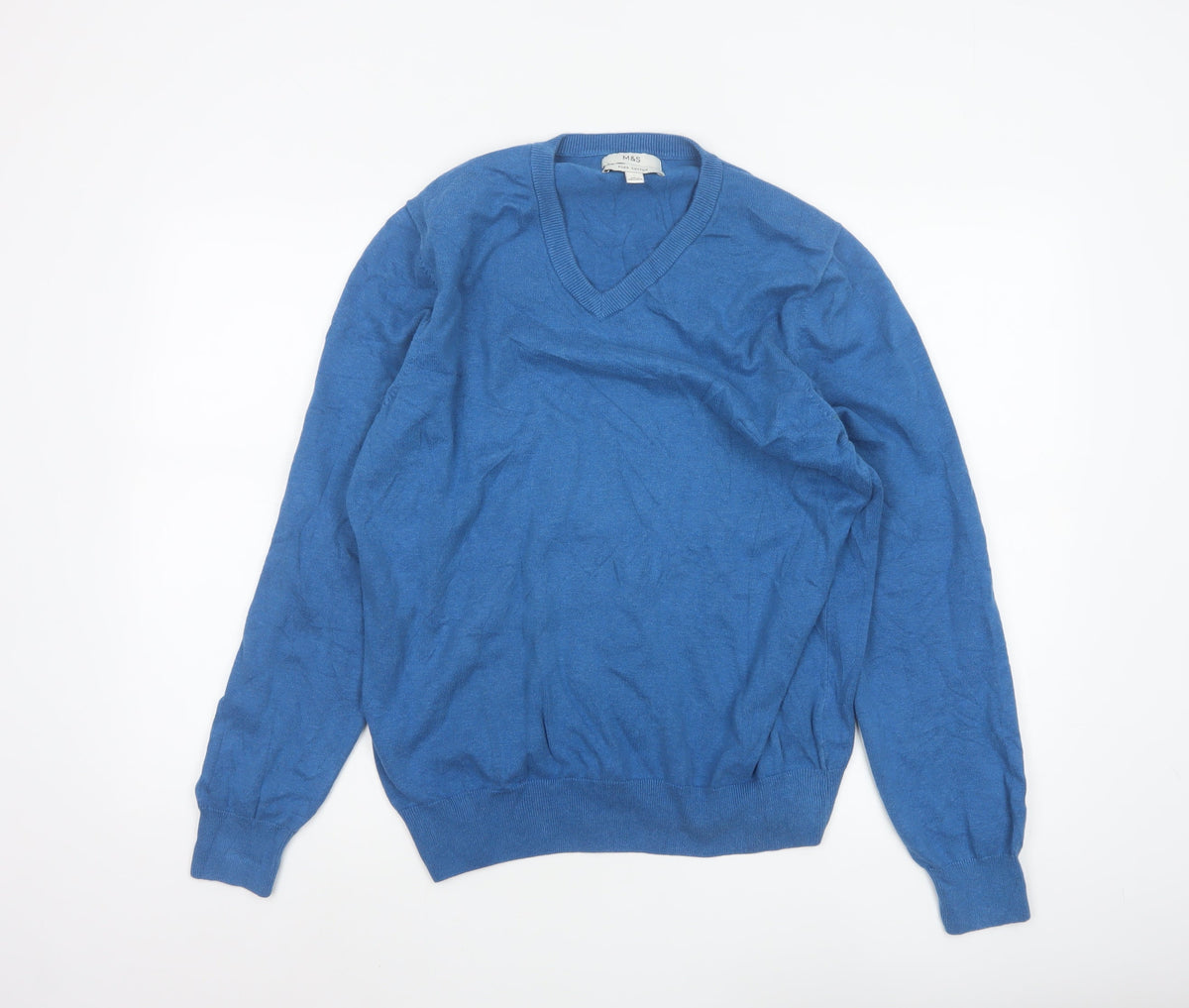 Marks and Spencer Men Blue L Cotton V-Neck Pullover Jumper