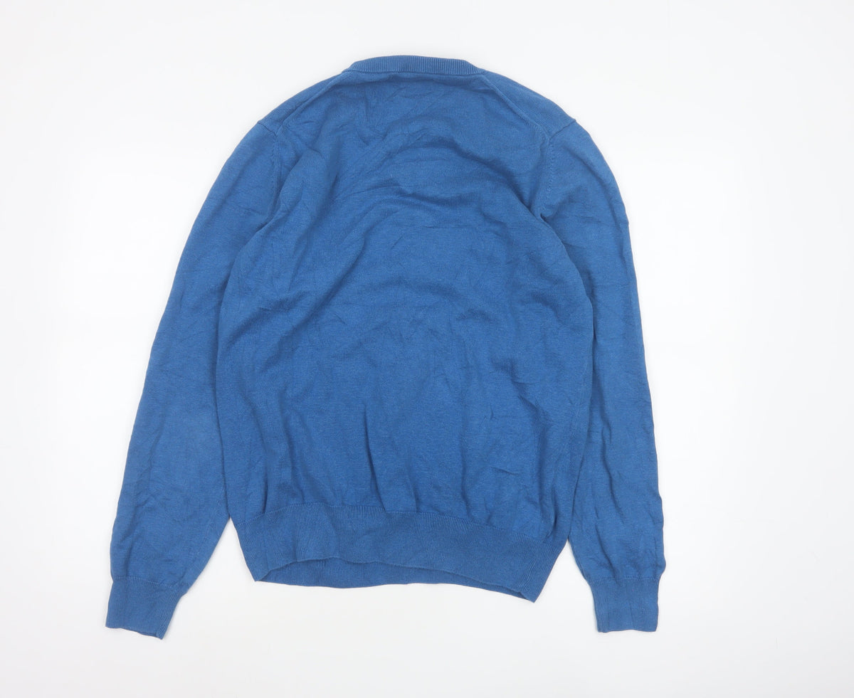 Marks and Spencer Men Blue L Cotton V-Neck Pullover Jumper