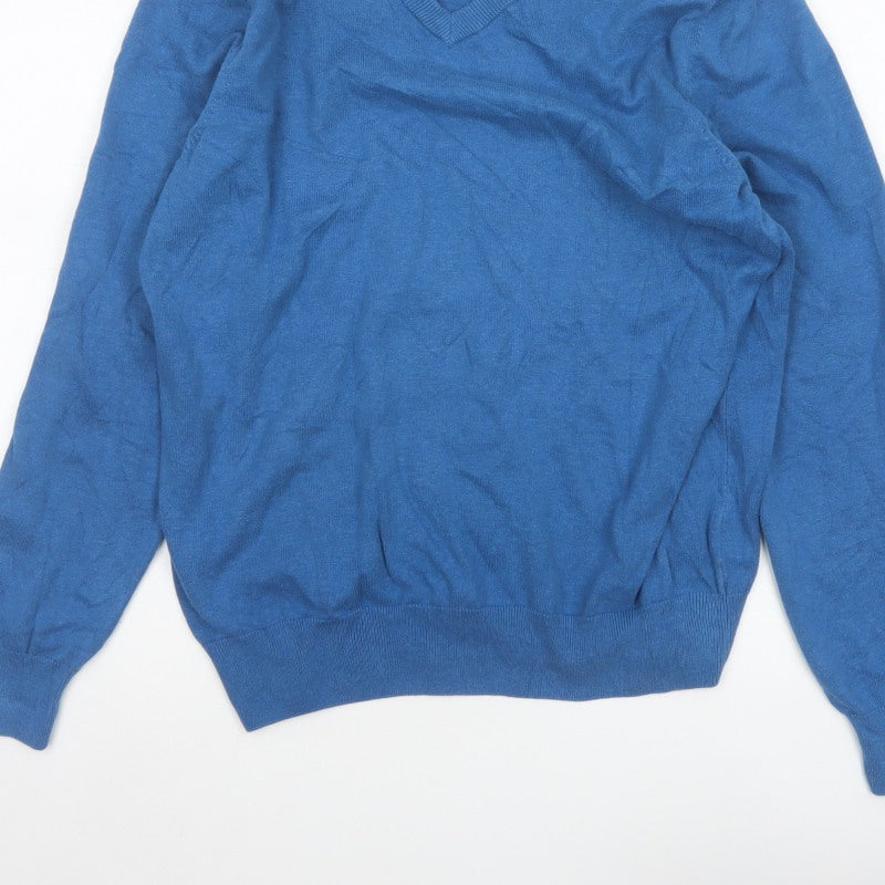 Marks and Spencer Men Blue L Cotton V-Neck Pullover Jumper