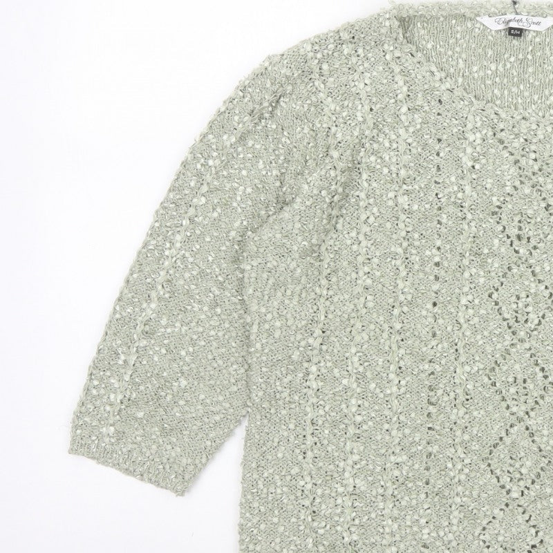Elizabeth Scott Women Green S/M Open Knit V-Neck Pullover Jumper